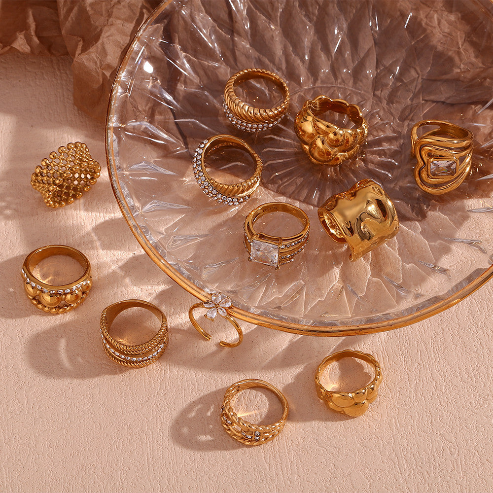 Women's 18k Gold White Zircon Flower Three Layer Wave Pattern Cross Diagonal Rings