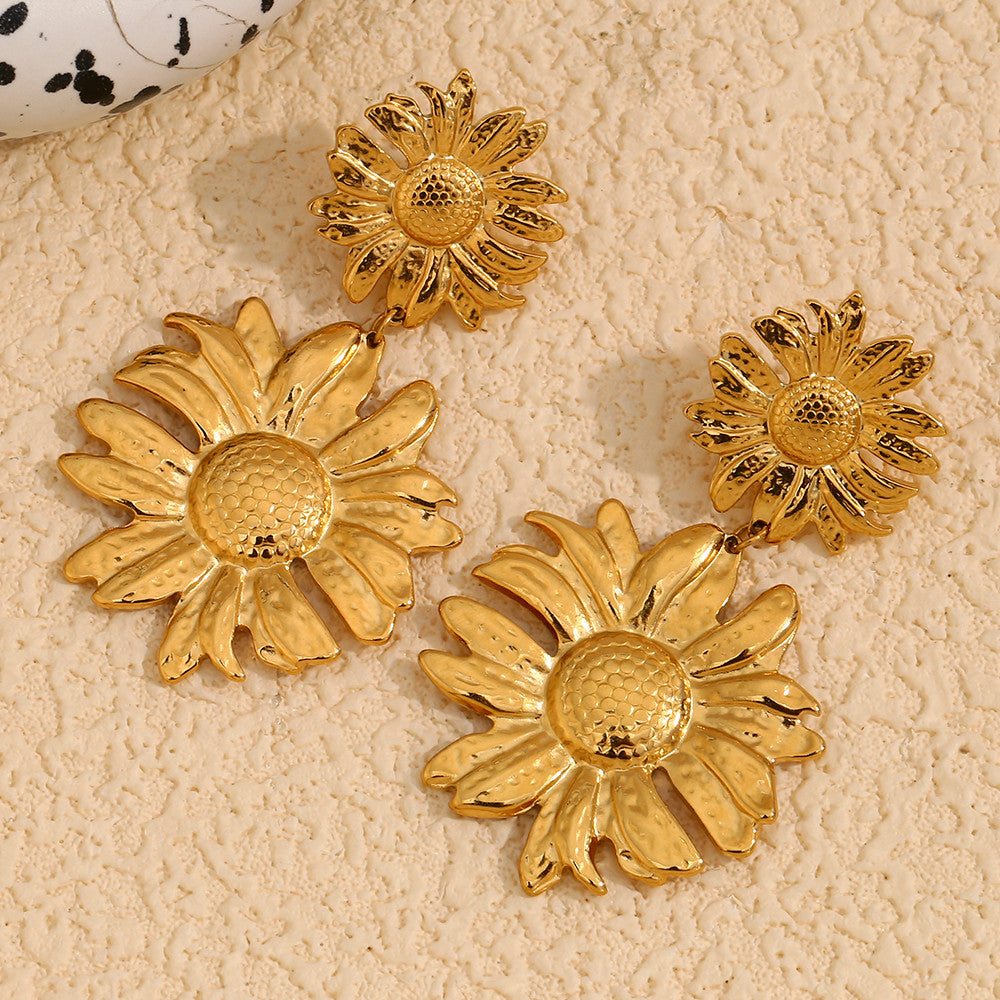 18k Gold Stainless Steel Exaggerated Sunflower Drop Bling Waterproof Earrings
