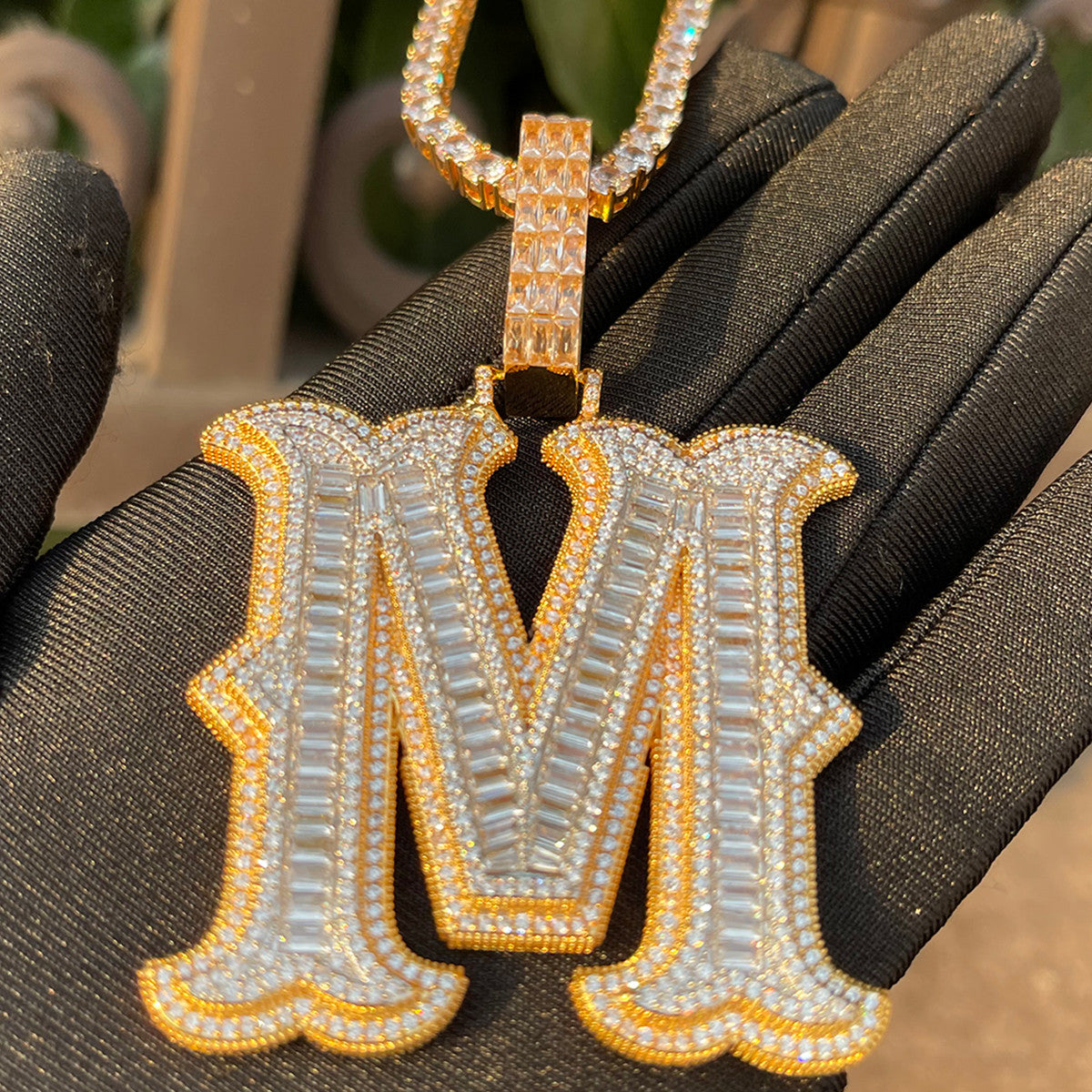 Alpha Baguette | Iced Blinged Out Initial Letter 4 Prong Set Hip Hop Pendants