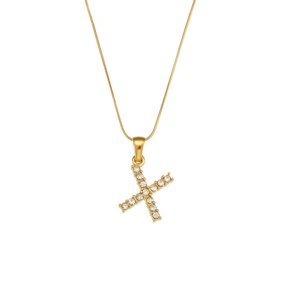 18k Gold Stainless Steel Thin Snake Chain 3A Zircon Stone Paved Initial Necklace