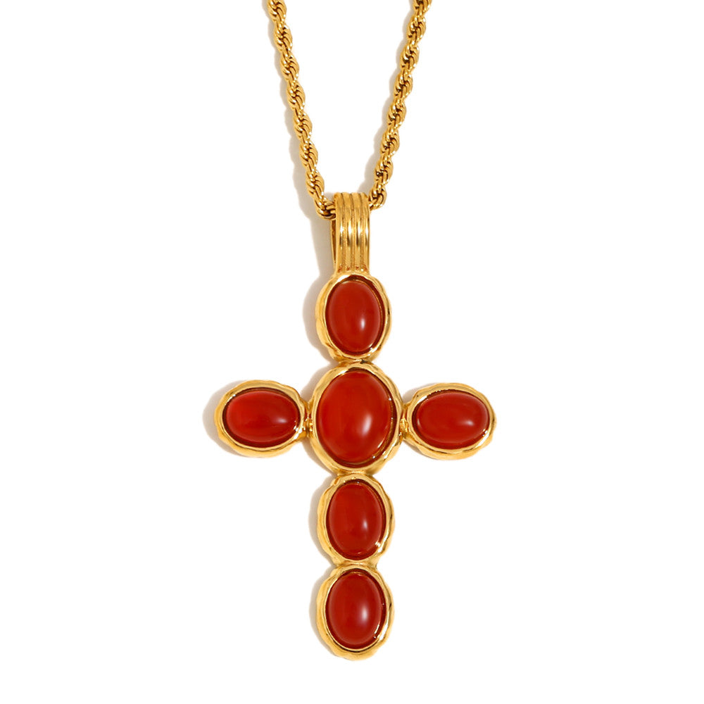 18k Gold Stainless Steel Waterproof Green/Red Color Oval Gemstone Cross Pendant Necklace