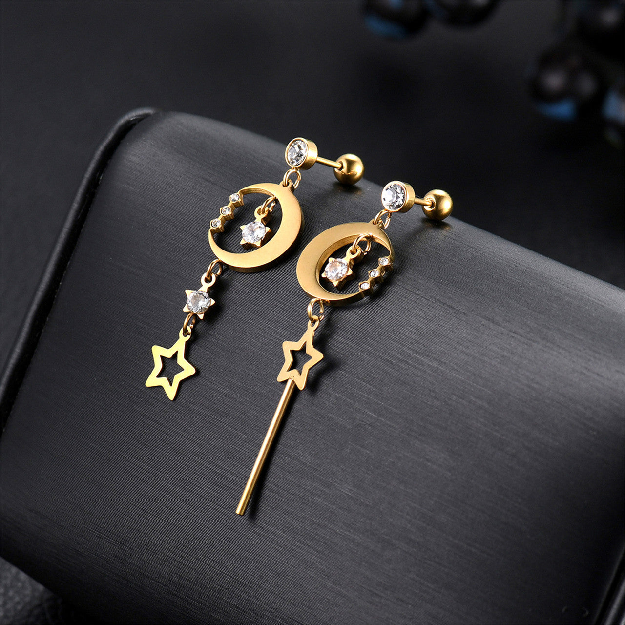 Stainless Steel Moon Star Dangling 14k Gold Silver Bling Earrings