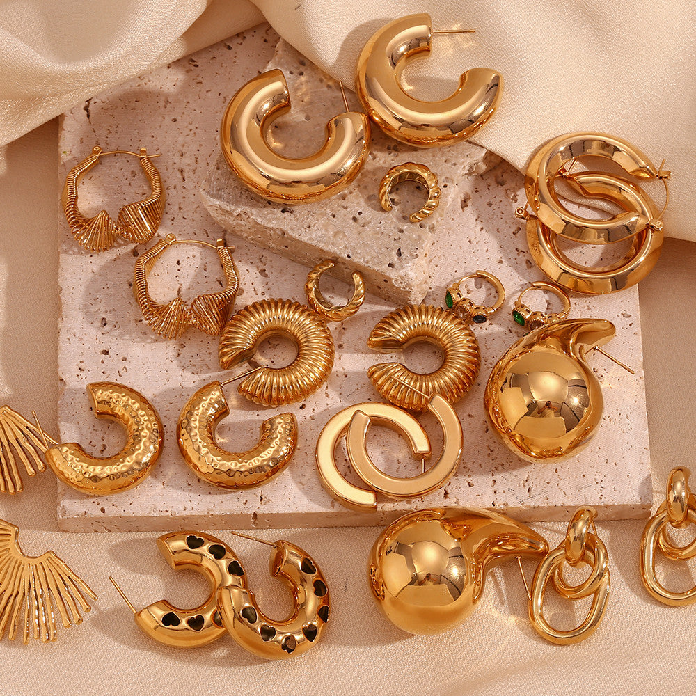 18k Gold O-shaped Street Wear Exaggerated Croissant Mini Hollow Stainless Steel Earrings