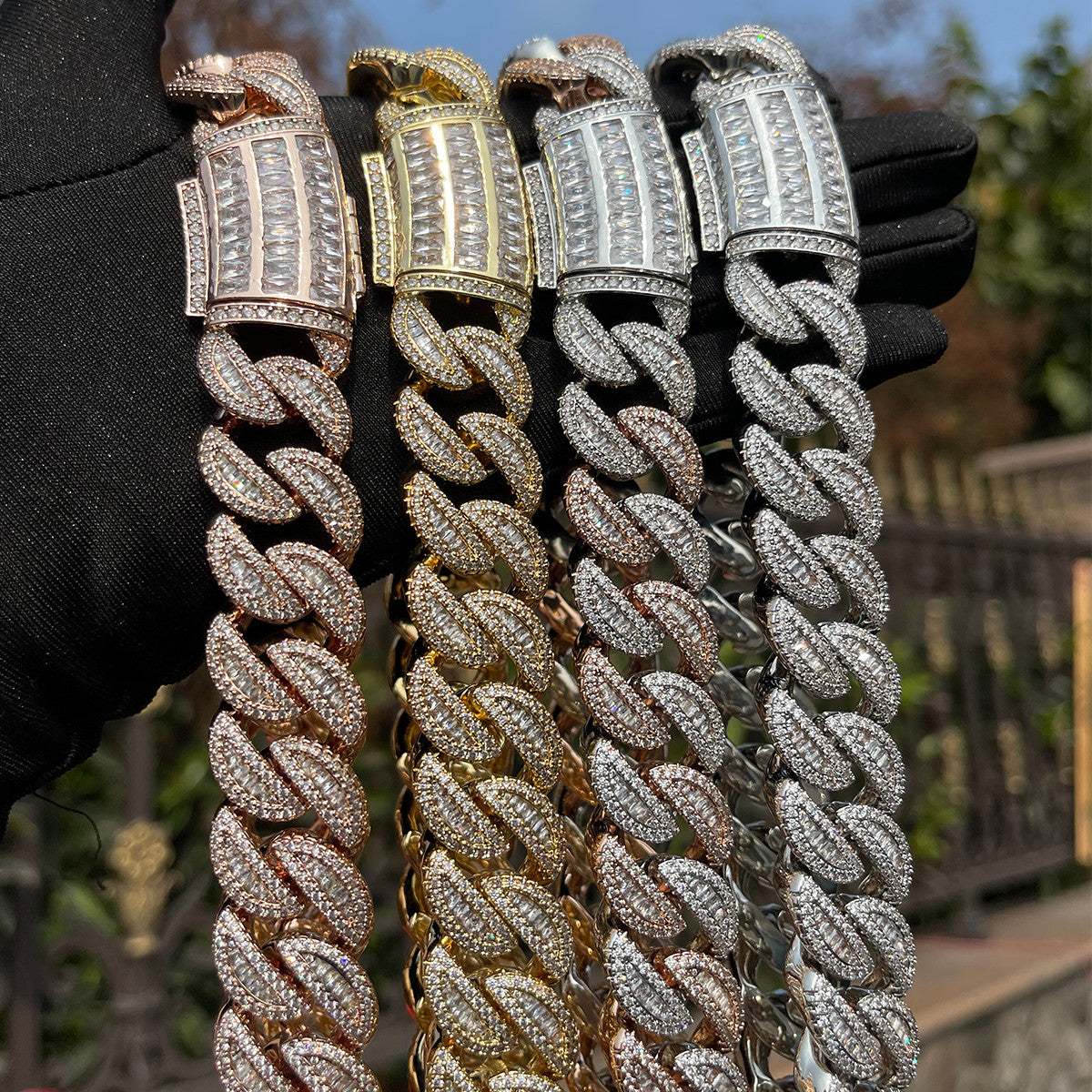 Mens Iced Blinged Out Baguette Clasp Hip Hop Cuban Link Starboy Chain Necklace