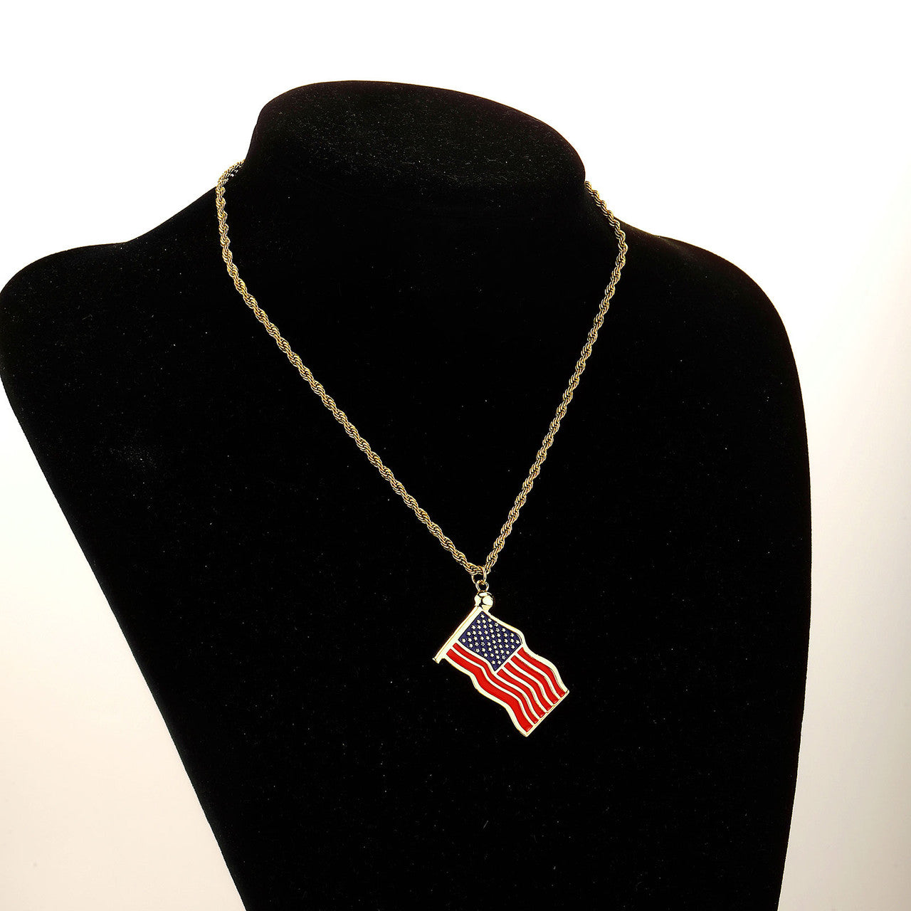 God Bless America | Red Oil American Flag 14k Gold 925 Silver Pendant Chain Necklace