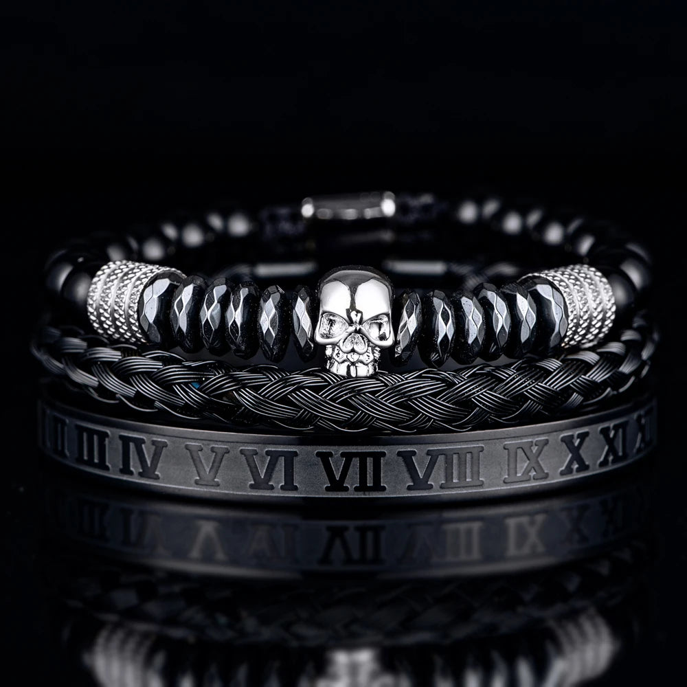 Men's Luxury Hematite Hand Made Bead 3 Piece Skull Head Hip Hop Luxury Bracelet Sets