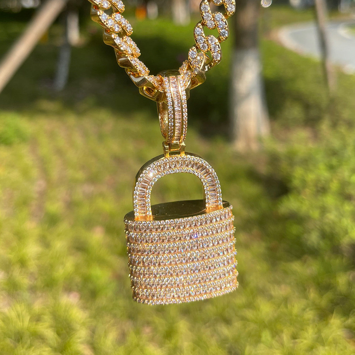 Lock Down | 24k Gold 3D VVS Diamond CZ Baguette Deadbolt Hip Hop Pendant