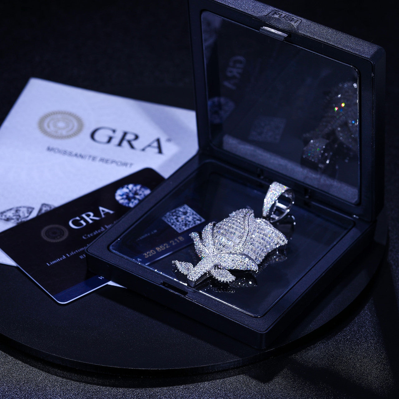 Iced Blossom | Moissanite Diamond Solid Sterling Silver Baguette & Round Stone Rose Pendant