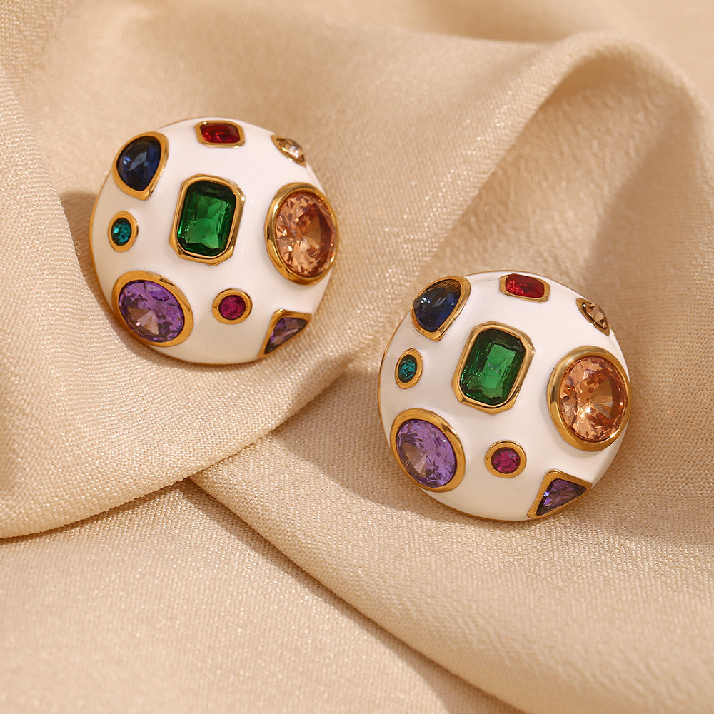 18k Gold Stainless Steel Waterproof White Enameled Sphere CZ Stone Earrings