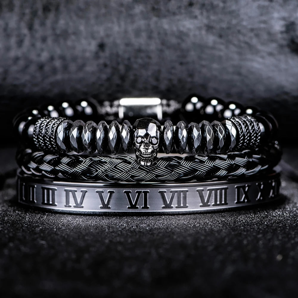 Men's Luxury Hematite Hand Made Bead 3 Piece Skull Head Hip Hop Luxury Bracelet Sets