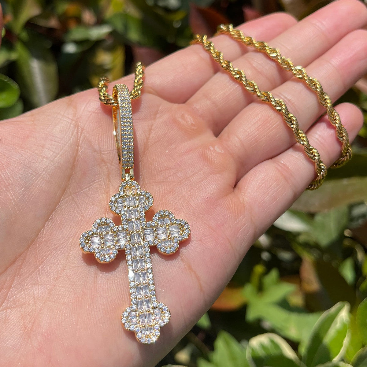 Mens Baguette Iced Blinged Out Clover Cut Hip Hop Cross Pendant Chain Necklace