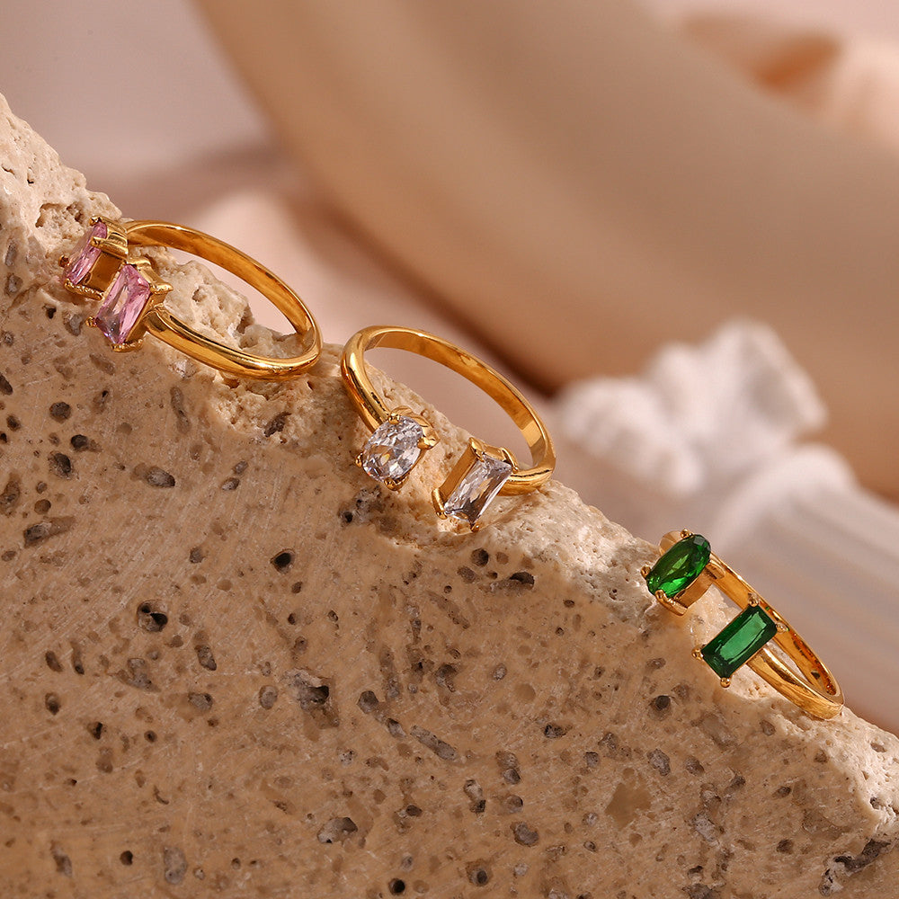 18k Gold Open Adjustable Size Water Drop Square CZ Stainless Steel Bling Rings