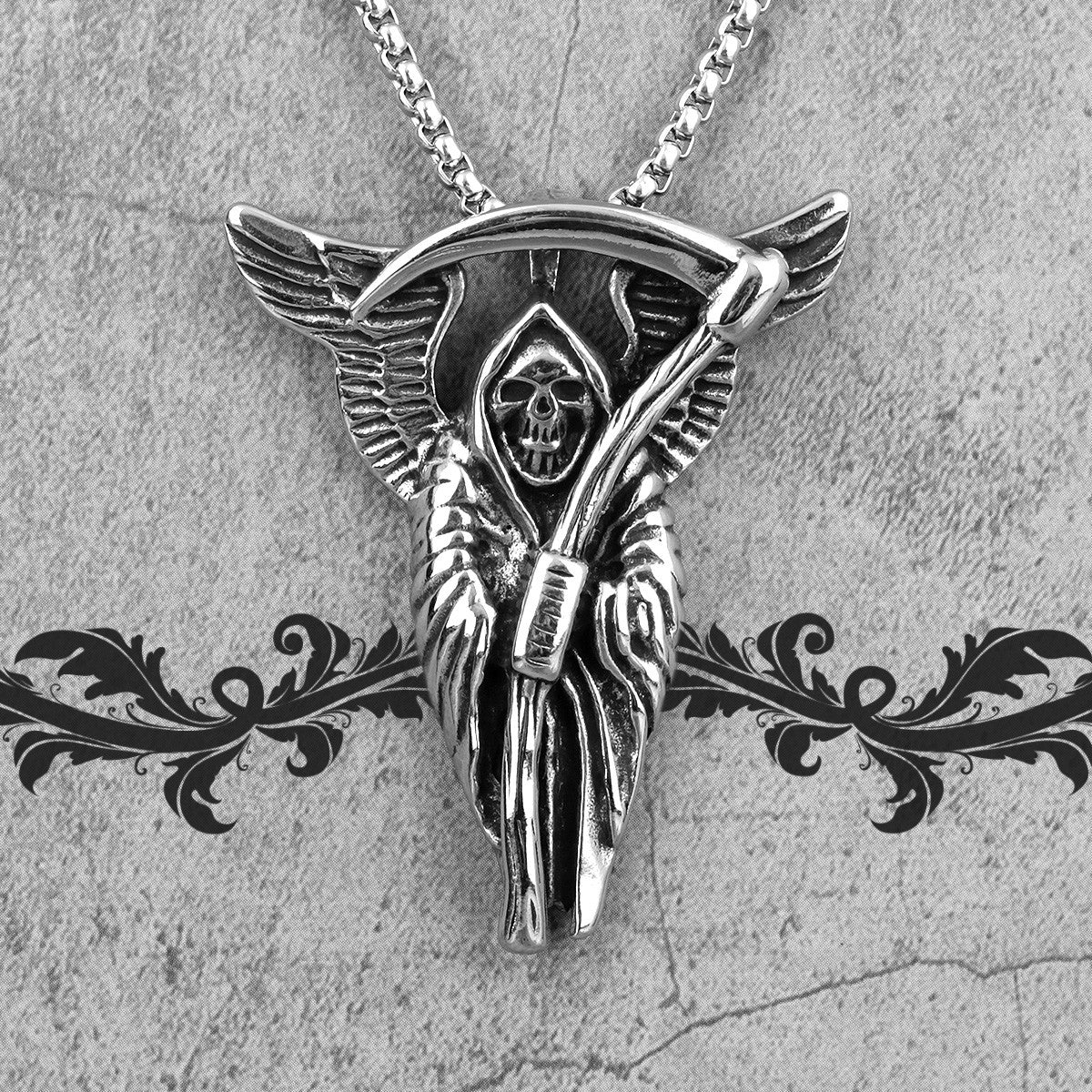 Grim Reaper | 316L No Fade Stainless Steel Death God Scythe Skull Unique Mysterious Pendant