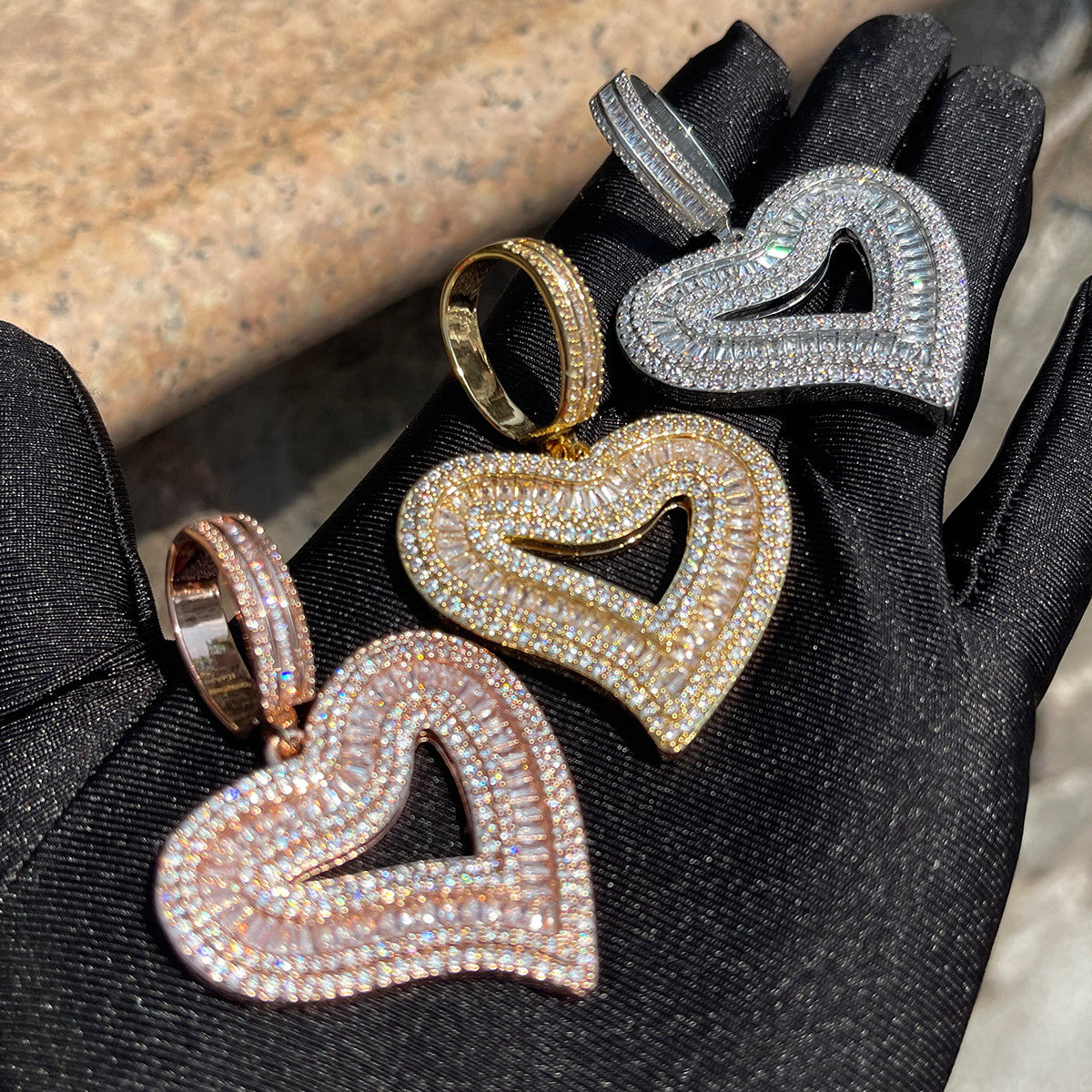 Love's Embrace | Gold Silver Rose Open Heart Of Love Iced Baguette Pendant