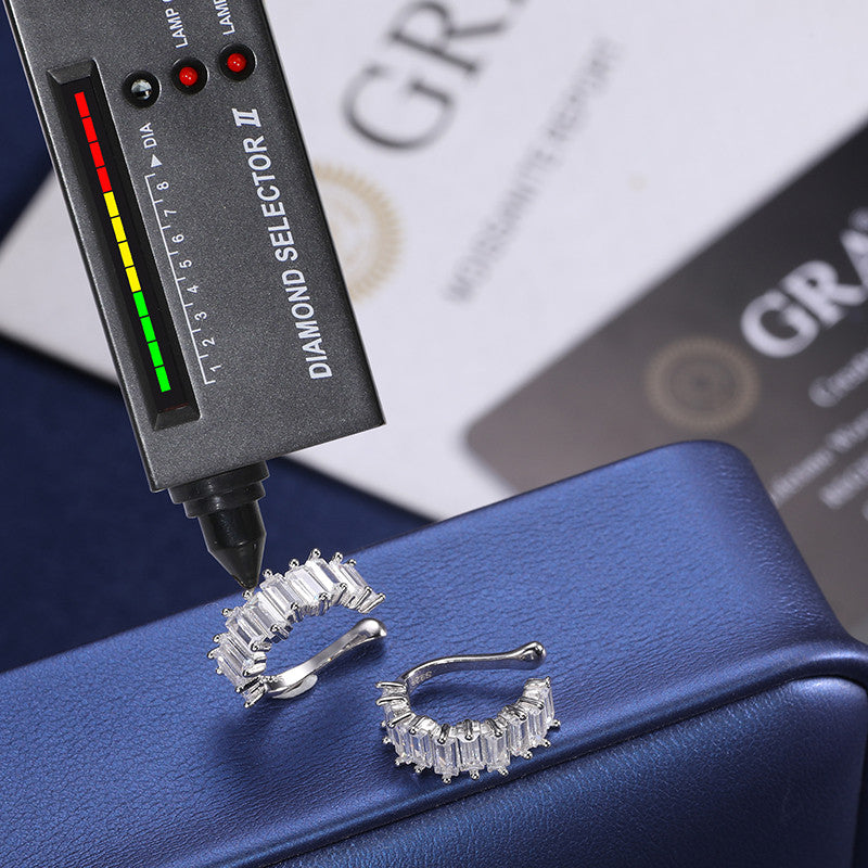 Clip On Solid 925 Silver Moissanite Diamond Baguette Bling Non-Piercing Stud Hip Hop Earrings