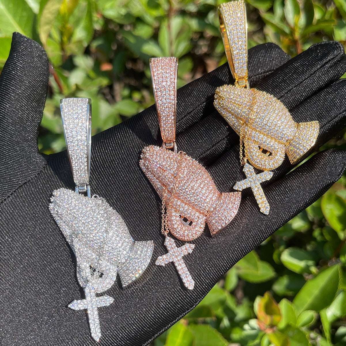 ゴールド　アクセサリー　bling-bling 24k Gold 925 Silver Rose Deep Prong Set Prayer Hands Cross Hip Hop