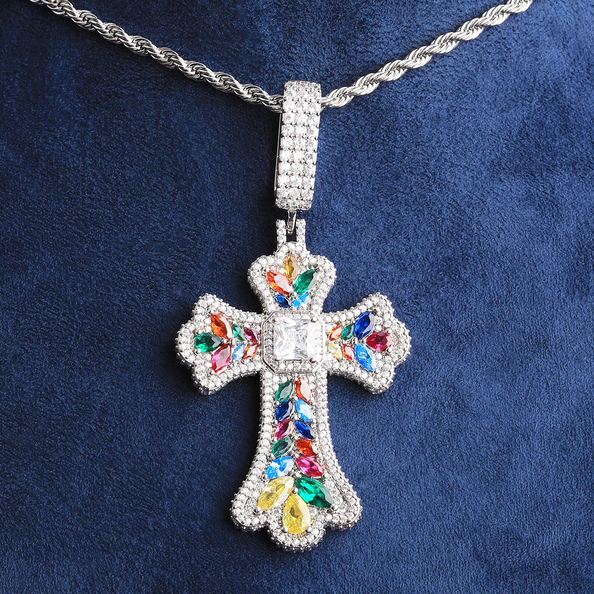 Technicolor Cross | 5AA+ VVS Diamond CZ Centerstone Iced Blinged Out Cross Pendant