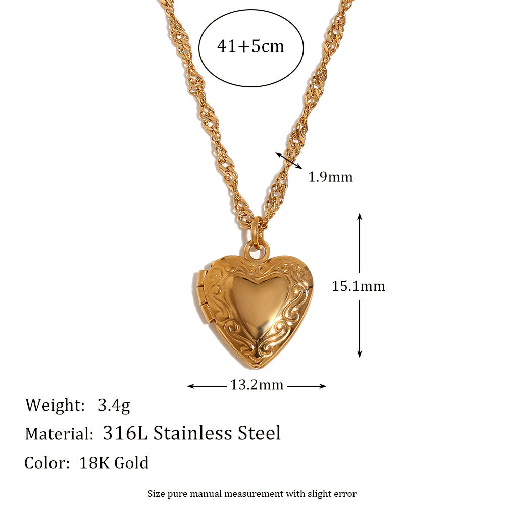 Ladies 18k Gold Waterproof Stainless Steel Flower Pattern Hollow Heart Photo Box Necklace