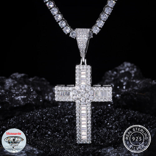 Baguette Iced Cross | Moissanite Diamond Centerstone Solid Silver Hip Hop Pendant