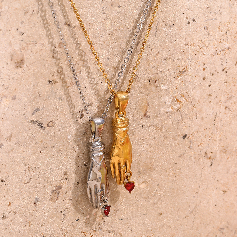 Ladies 18k Gold Stainless Steel Hand Red CZ Stone Heart Waterproof Tarnish Free Pendant Necklace