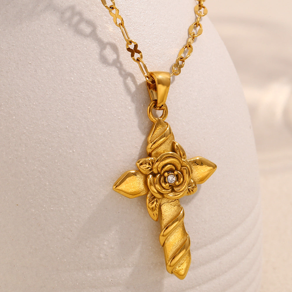 18k Gold Waterproof Rose Flower Bling Stainless Steel Hip Hop Cross Pendant Necklace