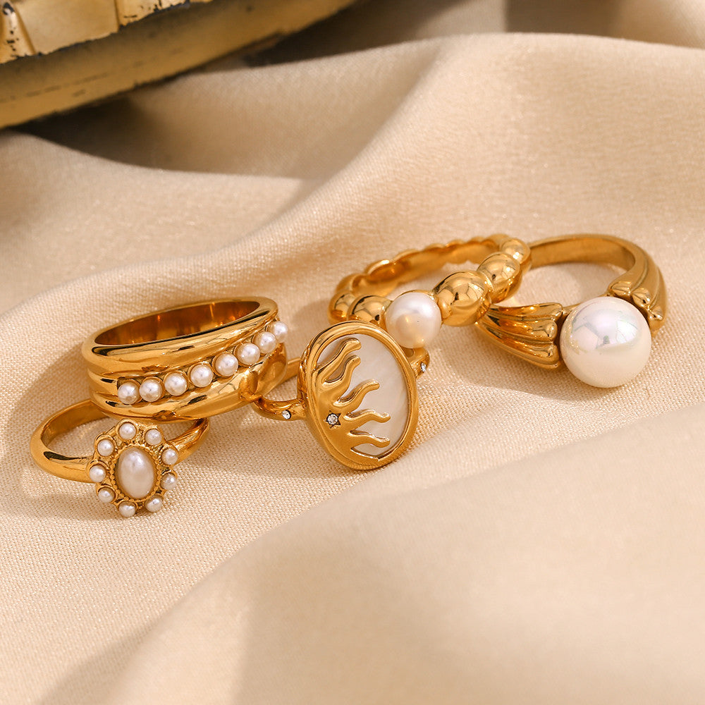 Elegant Imitation Pearl 18k Gold Water Resistant Stainless Steel Rings