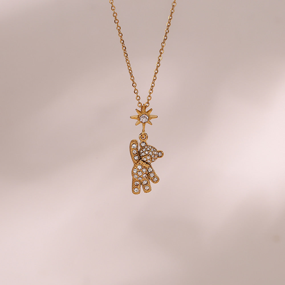 Ladies 18k Gold Rhinestone Teddy Bear Stainless Steel Waterproof Pendant Necklace