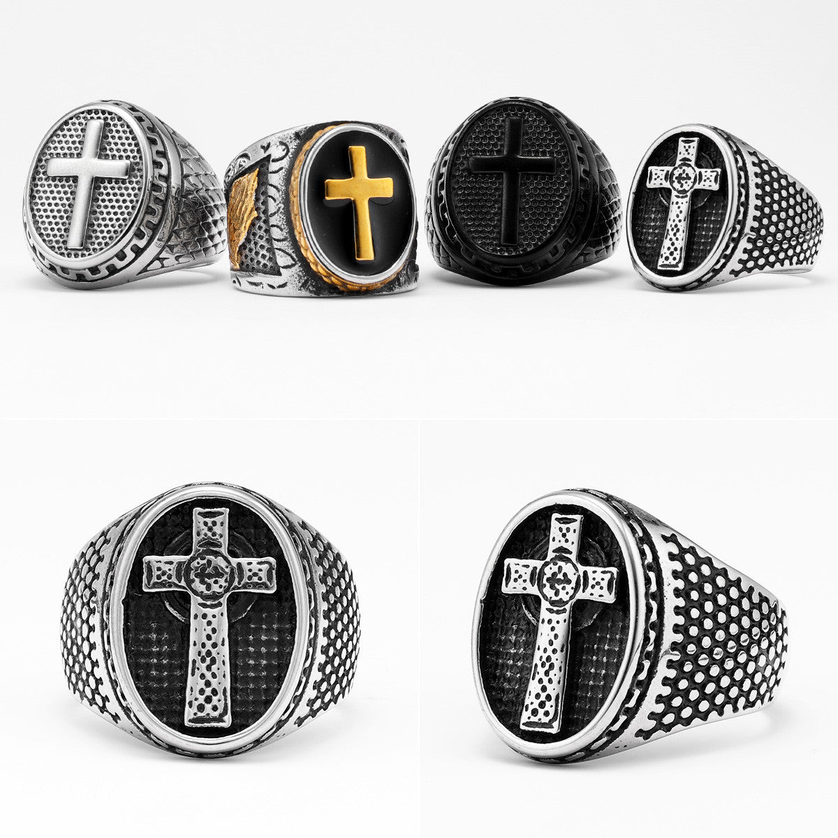Christian Cross Collection | 316L No Fade Stainless Steel Men's Protection Cross Rings