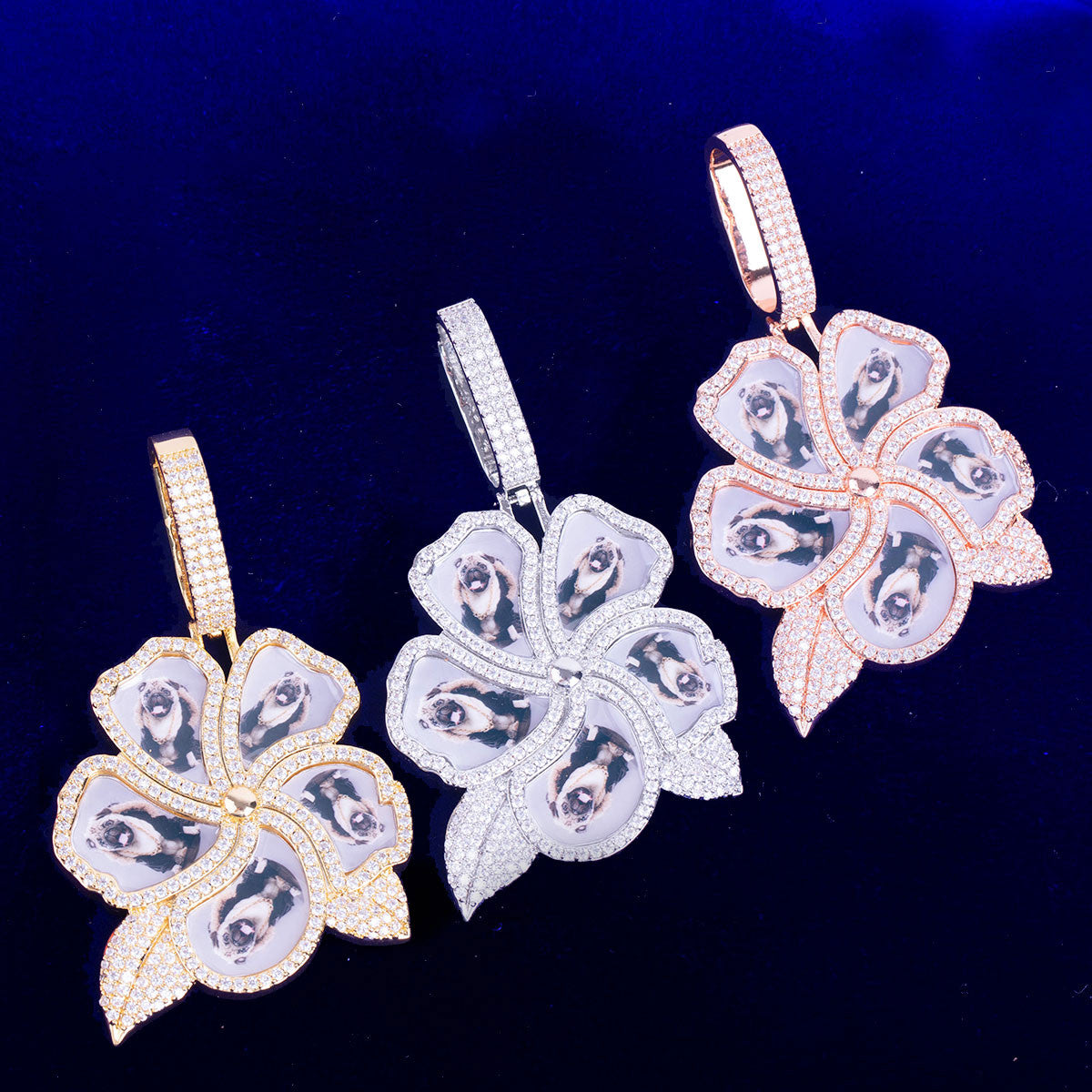 24k 925 Silver Flooded Ice Custom Made Photo Collage Flower Bling Pendant Necklace