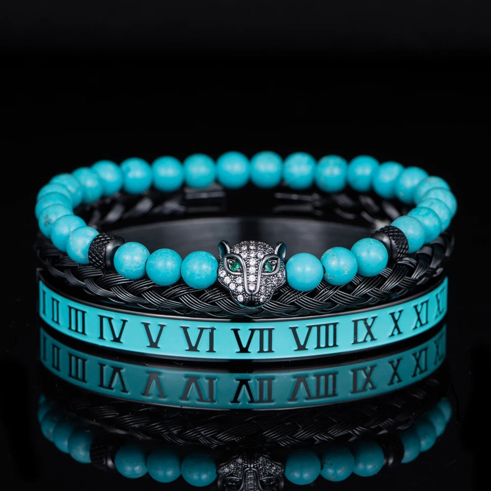 Turquoise Stone | VVS Diamond CZ Roman Numeral Leopard Head Luxury Bracelet