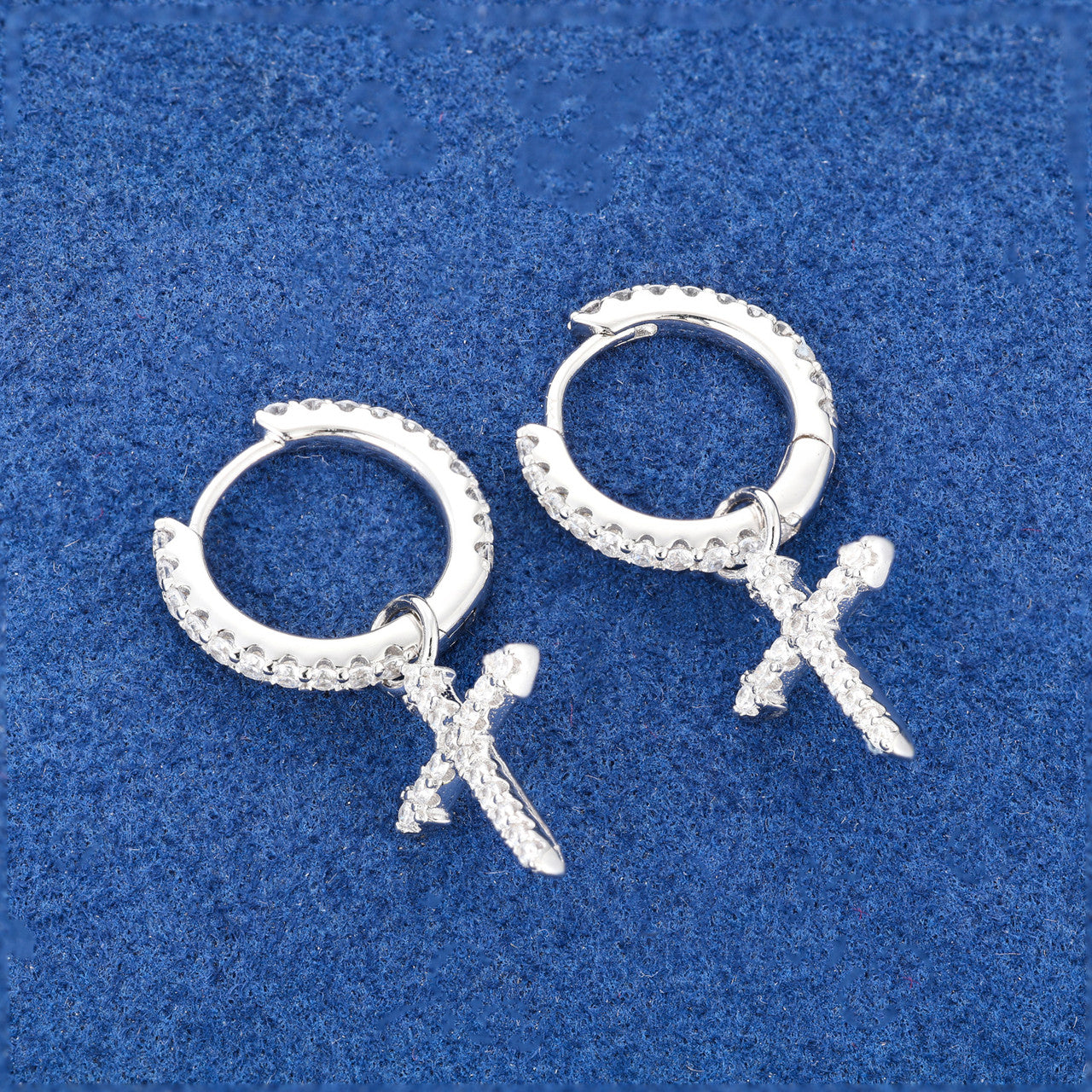 Crossed Huggie | Solid Sterling Silver VVS Diamond CZ Stone Cross Hoop Hip Hop Earrings