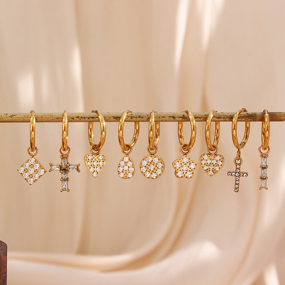 18k Gold Stainless Steel Waterproof Bling CZ Charm Cross Heart Butterfly Star Earrings