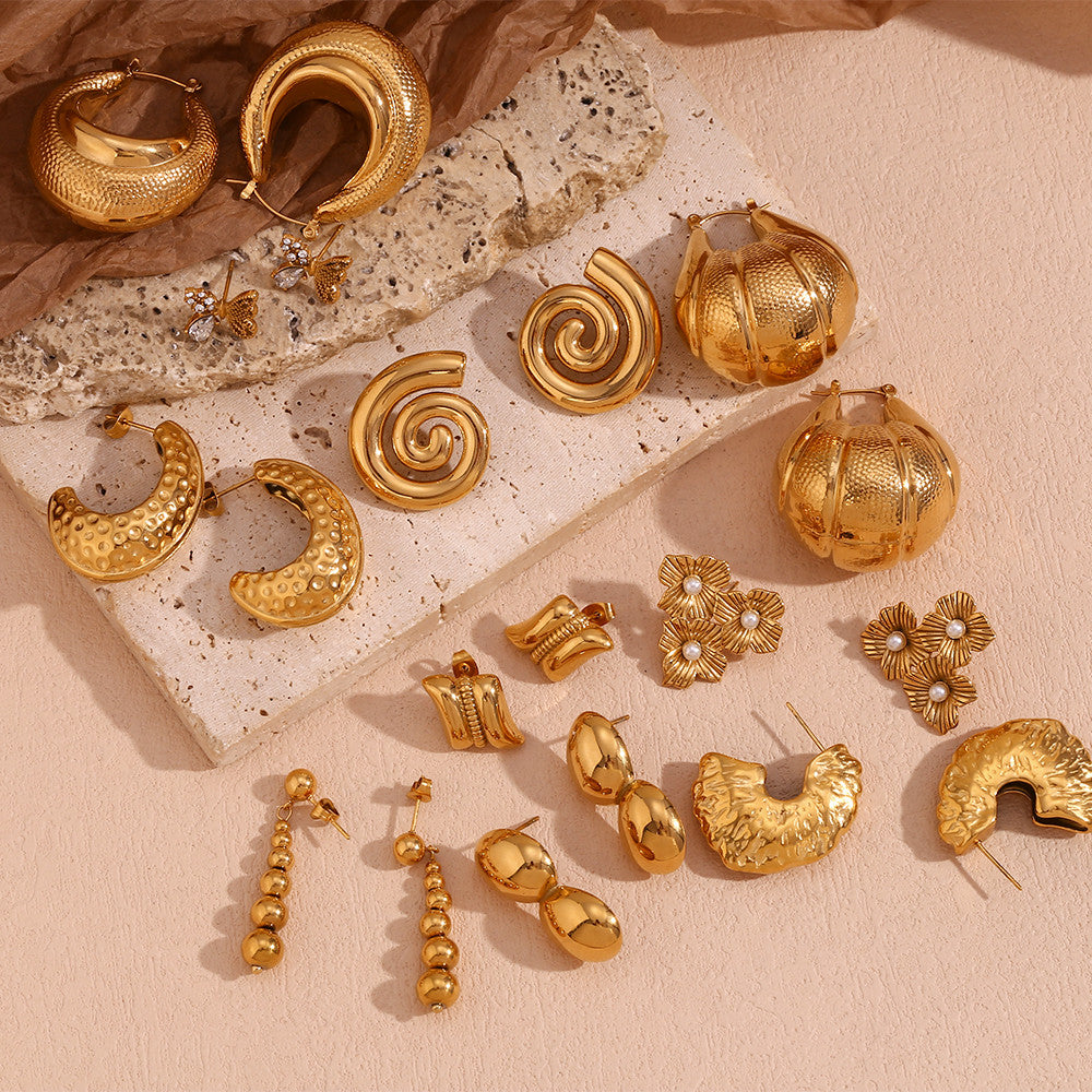 Women's Half Set Three Flower Pearl 18k Gold Stainless Steel Large Bead Earrings