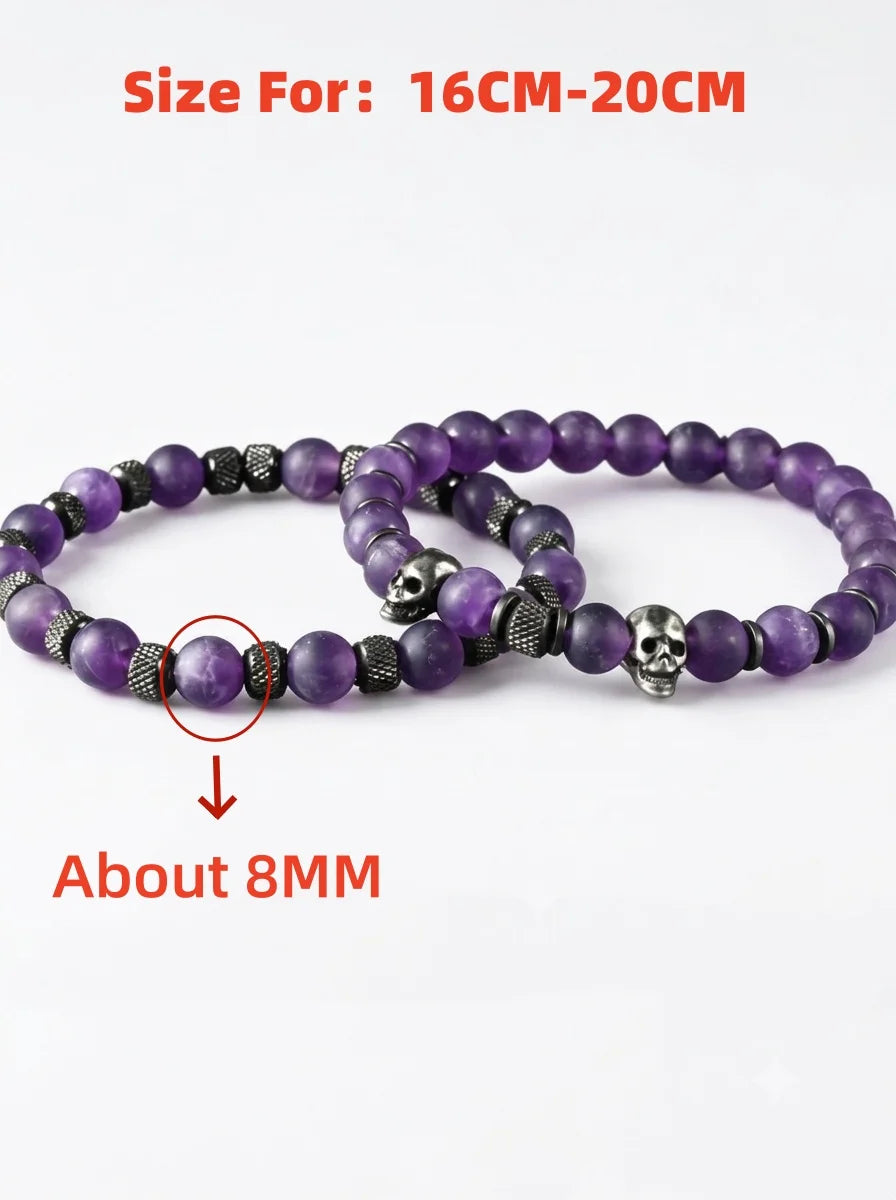Skull Amethyst | Luxury 2pcs/Set Natural Amethyst Skull Beads Stretch Adjustable Bracelet