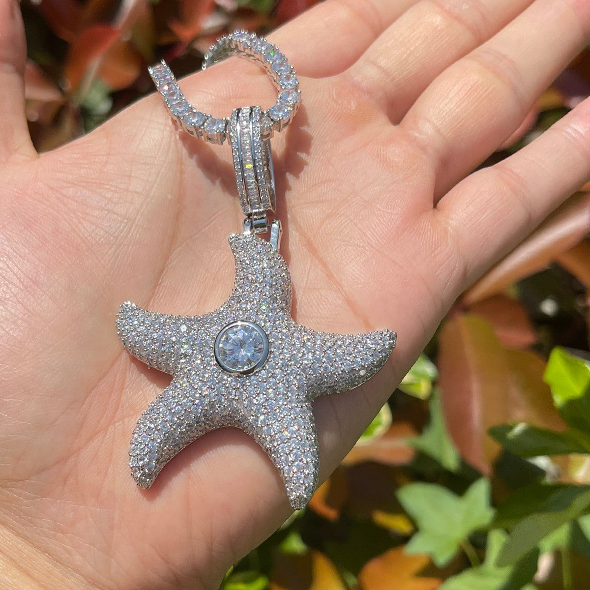 Center Stone Superstar Starfish Flooded Ice Streetwear Hip Hop Pendant Chain Necklaces
