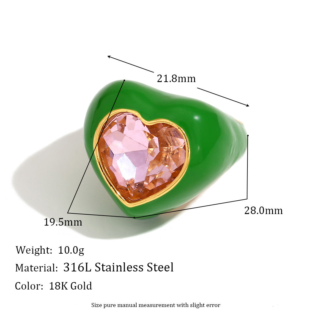Colorful Gemstone Heart Enamel 18k Gold over Stainless Steel Earrings Rings Jewelry Set