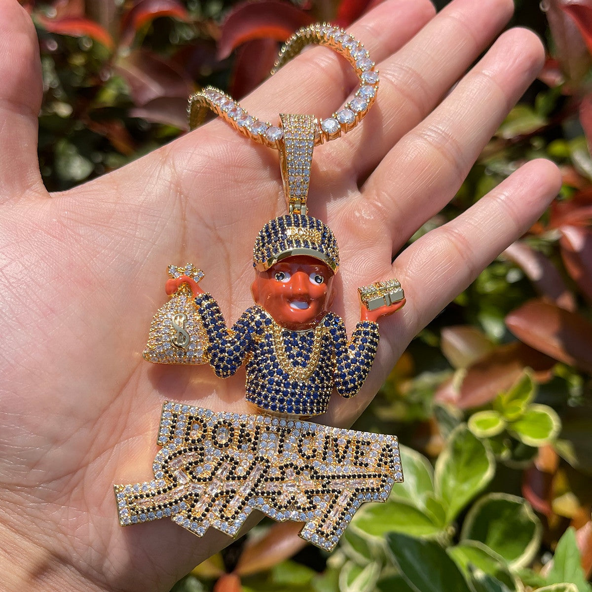 I Dont Give a Sh*t | Iced Blinged Out Money Bag Hip Hop Pendant Chain Necklace