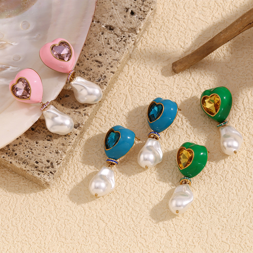 Women's 18k Gold Stainless Steel Baroque Style Imitation Pearl Colorful Drip Oil Earrings