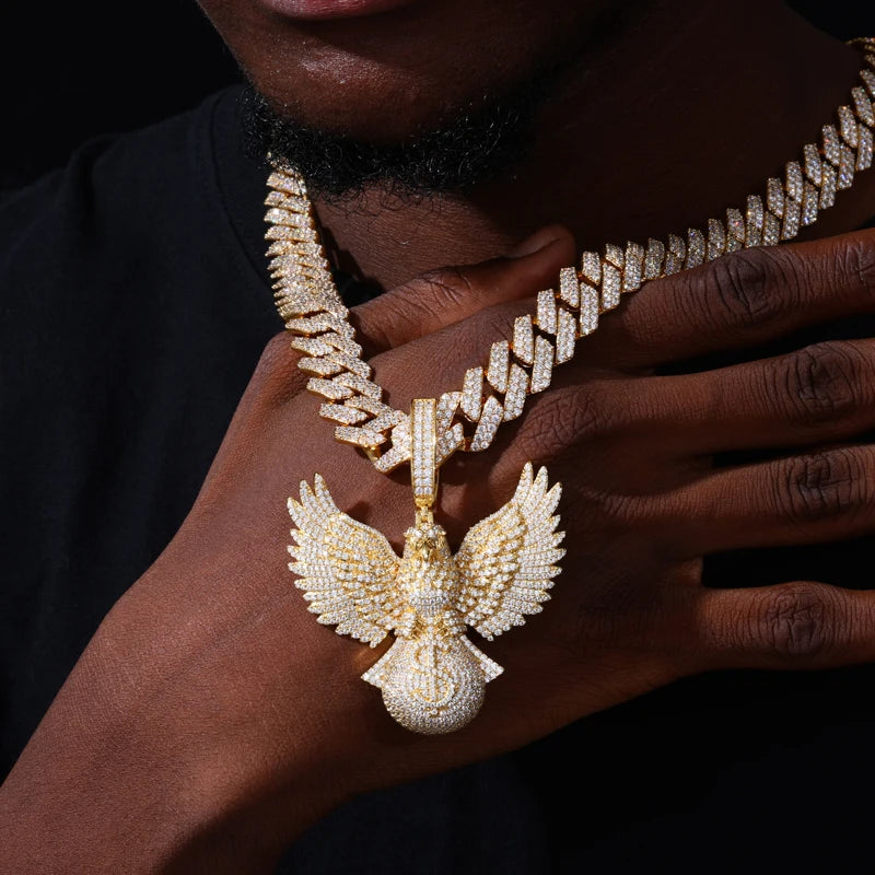 Fly High | Moissanite Diamond 925 Silver Soaring Eagle Holding Money Bag Iced Pendant