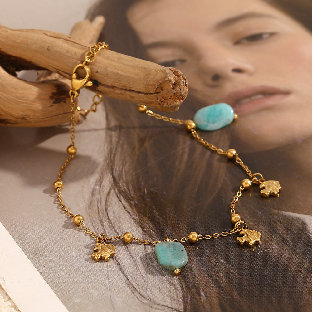 18k Gold Waterproof Cute Clown Fish Natural Amazonite Stone Anklets Ankle Bracelet