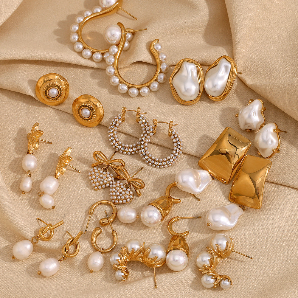 Ladies 10 styles Imitaion Pearl 18k Gold Waterproof Stainless Steel Earrings