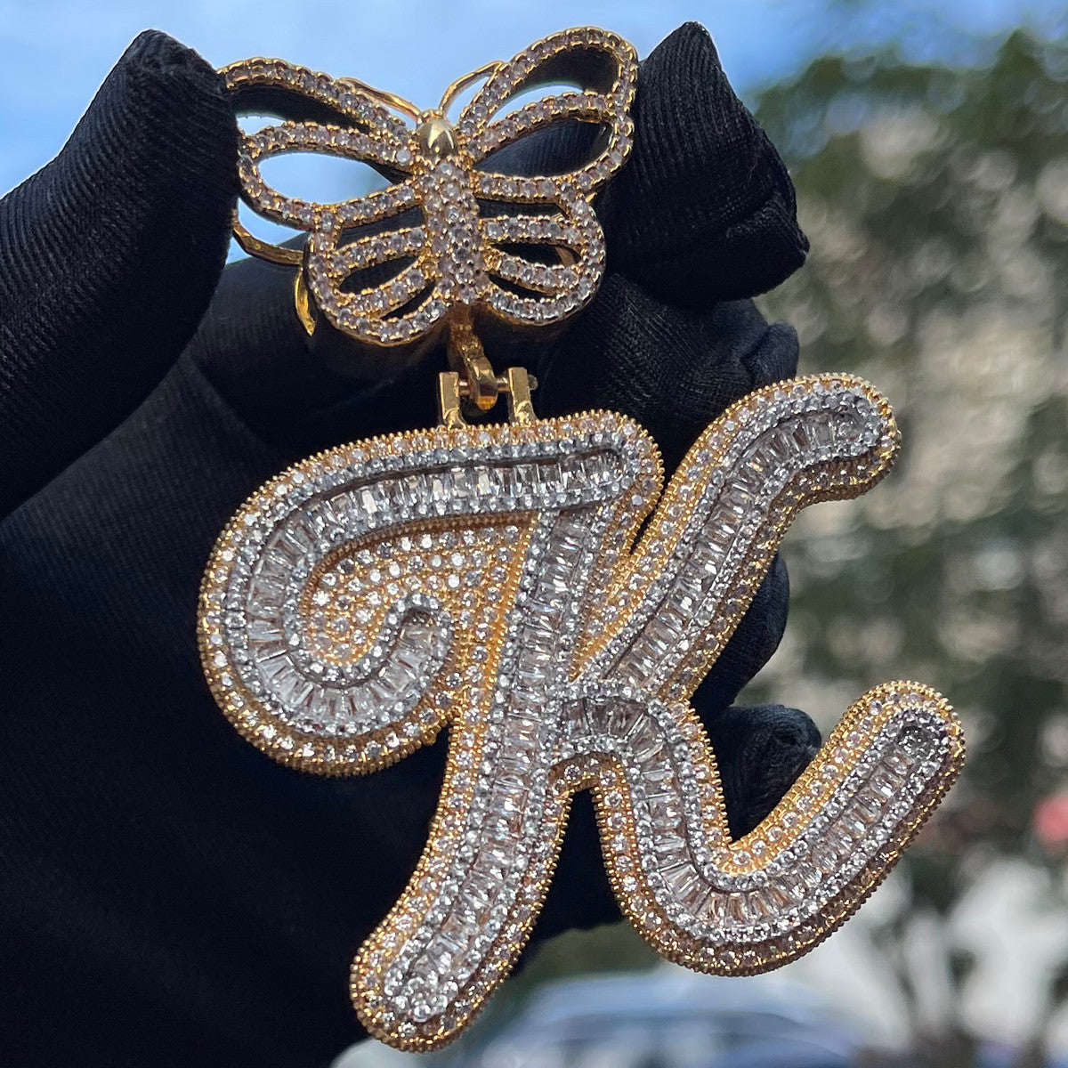 FlutterScript | Ladies Butterfly Bail Custom Cursive Baguette Bling Initial Necklace