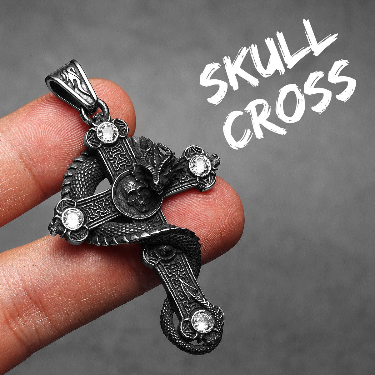 Skull Serpent Cross | 316L Shadow Skull No Fade Stainless Steel Gemstone Cross Pendant