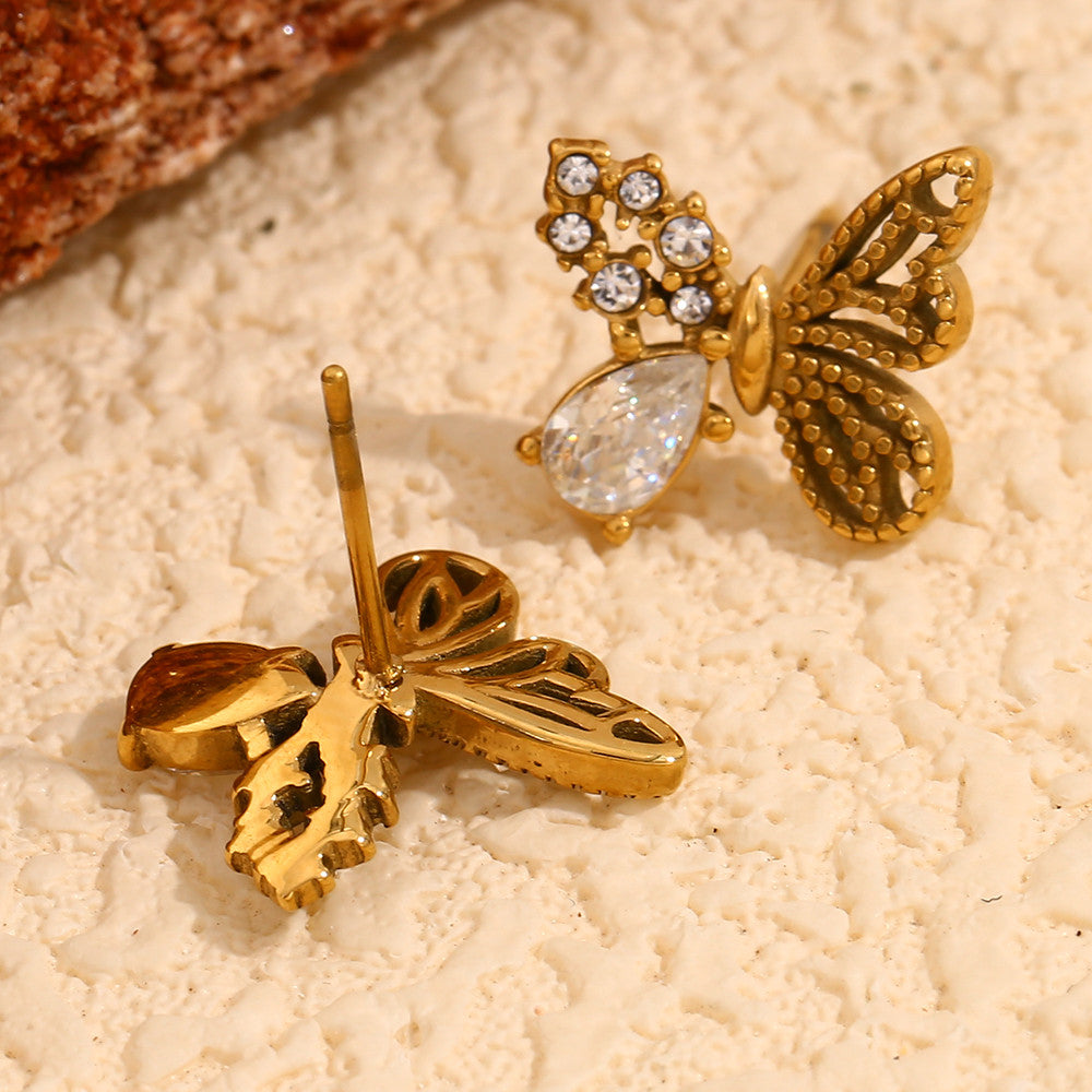18k Gold Stainless Steel Half Set Zircon Butterfly Stud Waterproof Earrings