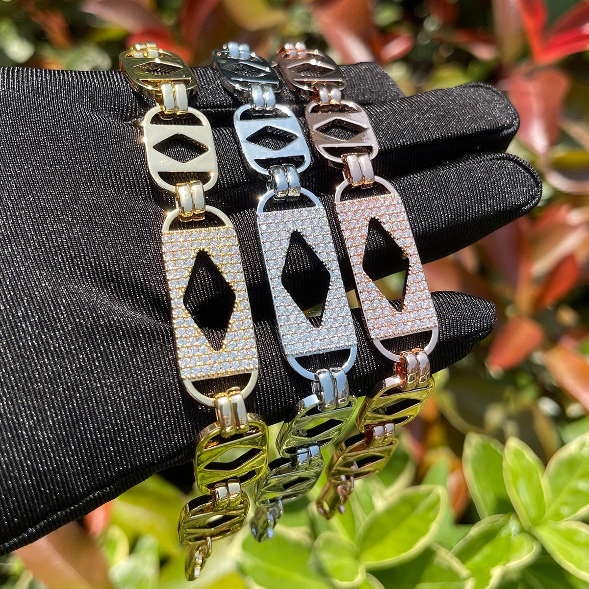 Mens Diamond Cut Rolo Link Flooded Ice Prong Set Bracelets