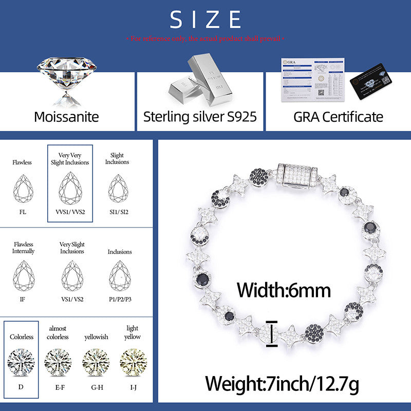 The Dreamer | Luxury 925 Sterling Silver Moissanite Diamond Star Moon Hip Hop Tennis Bracelet