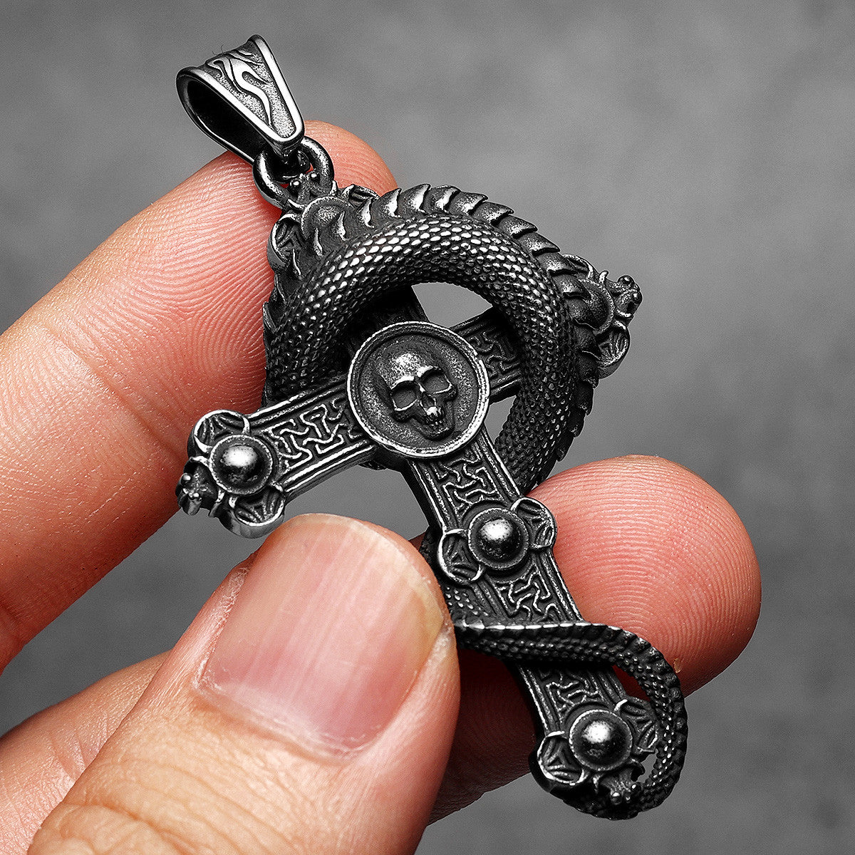 Skull Serpent Cross | 316L Shadow Skull No Fade Stainless Steel Gemstone Cross Pendant