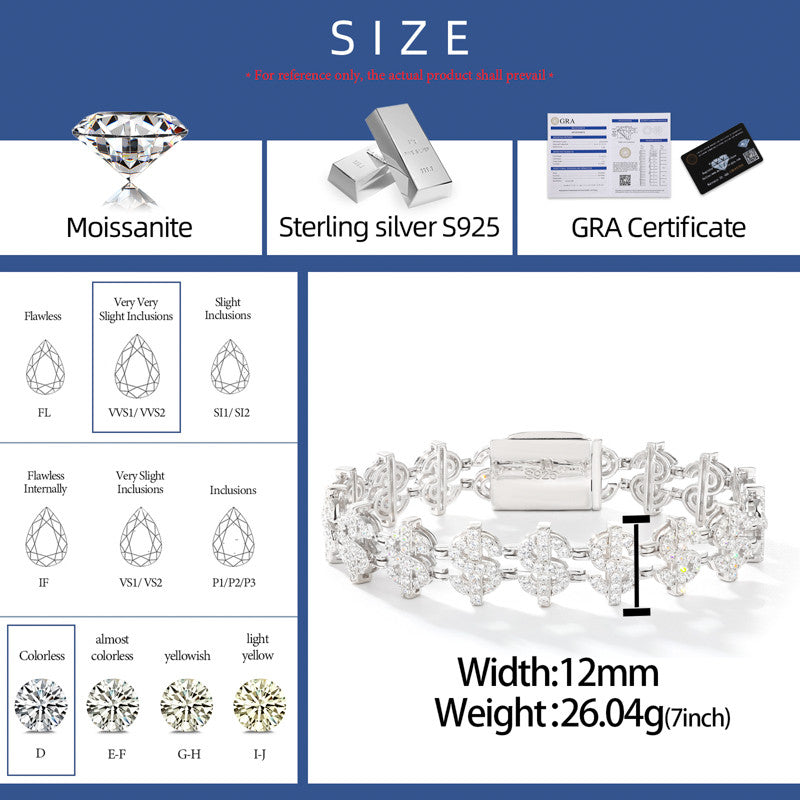 Boss Business | 925 sterling Silver D VVS1 Moissanite Diamond Dollar Sign Hip Hop Bracelet