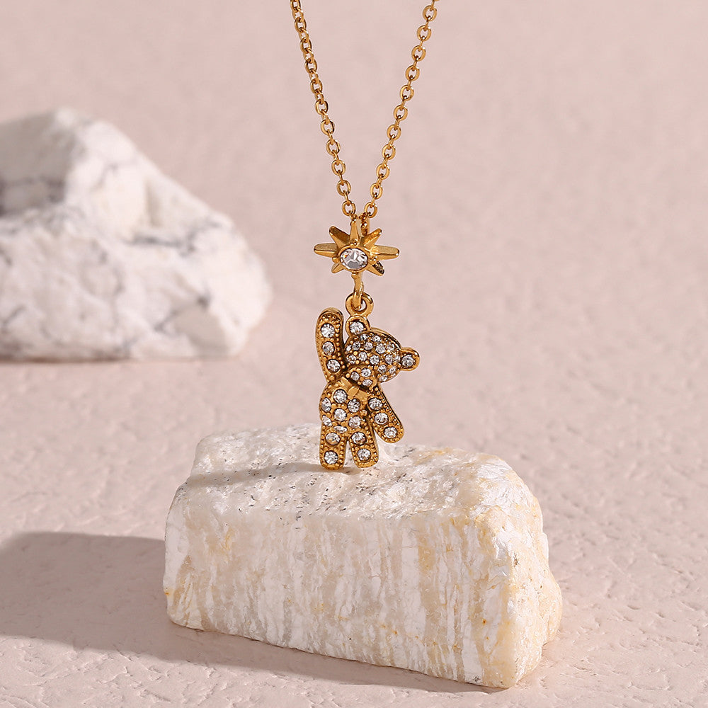 Ladies 18k Gold Rhinestone Teddy Bear Stainless Steel Waterproof Pendant Necklace