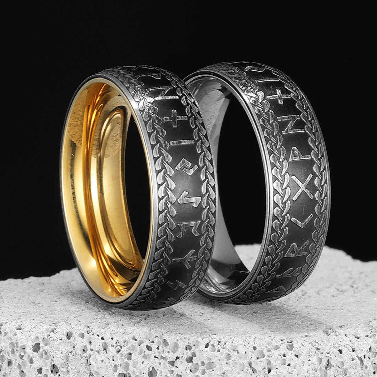 King Viking | 14k Gold Black Viking Runes No Fade Solid Stainless Steel Men's Rings